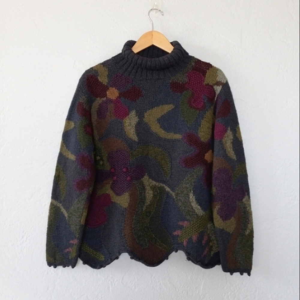 Peruvian Connection Aplaca Sweater Floral Patchwork Embroidery Pom Pom Artsy - Picture 1 of 16